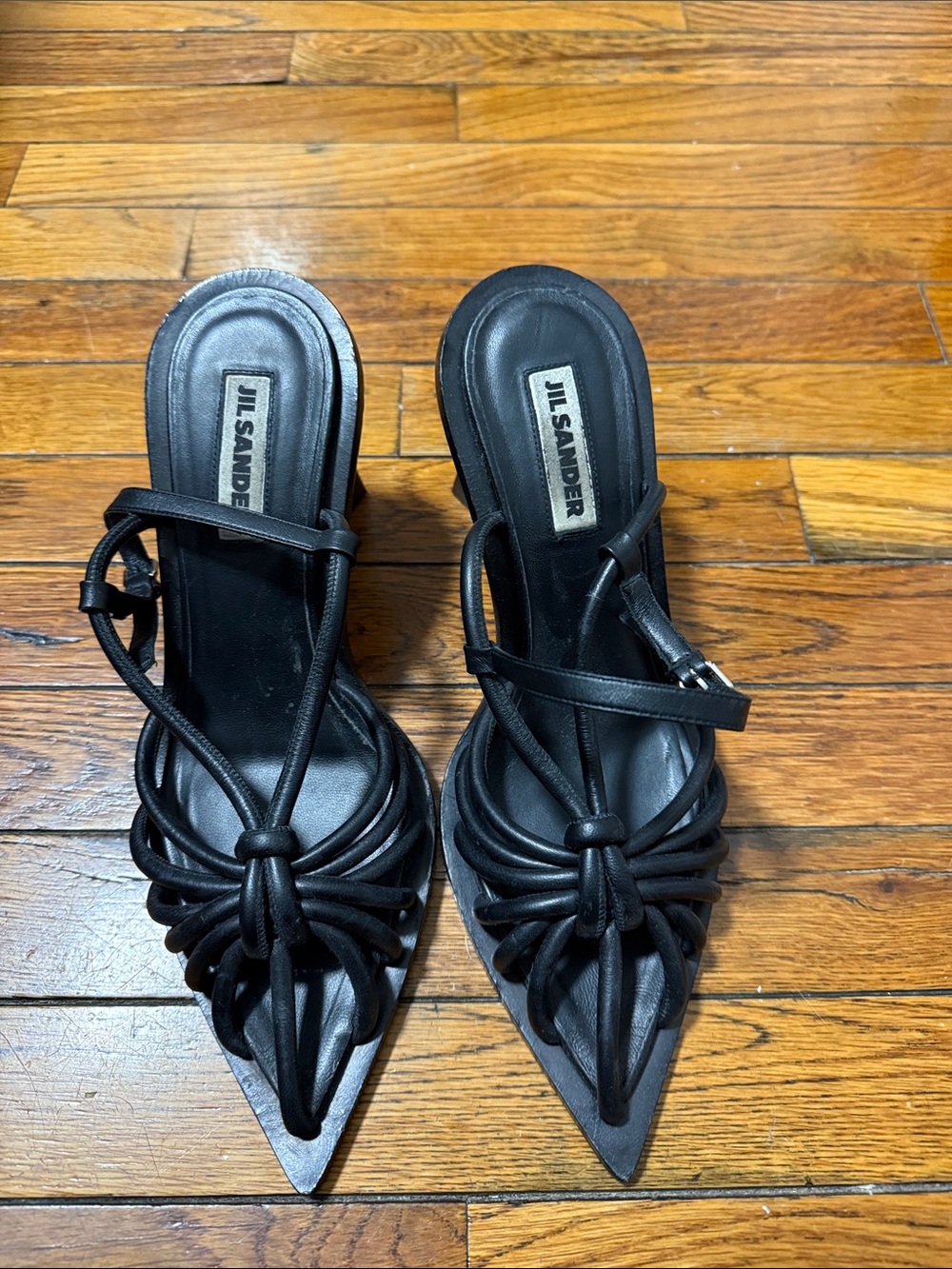 Jil Sander Black Strappy Knotted Block Heel Sandals